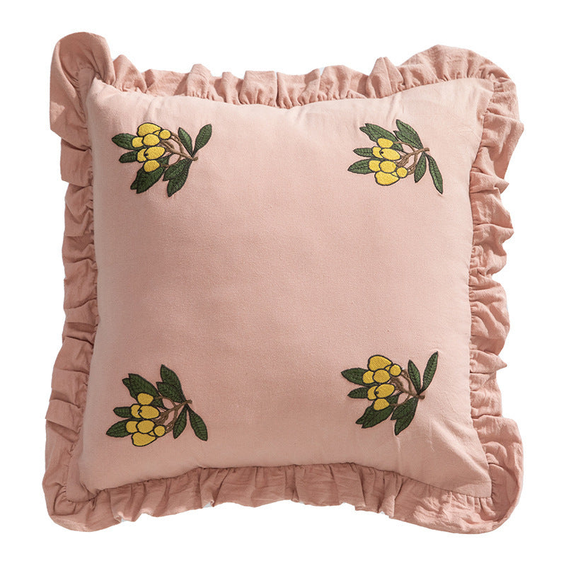 Handgetufteter quadratischer Dekokissenbezug mit floraler Chenille‑Applikation