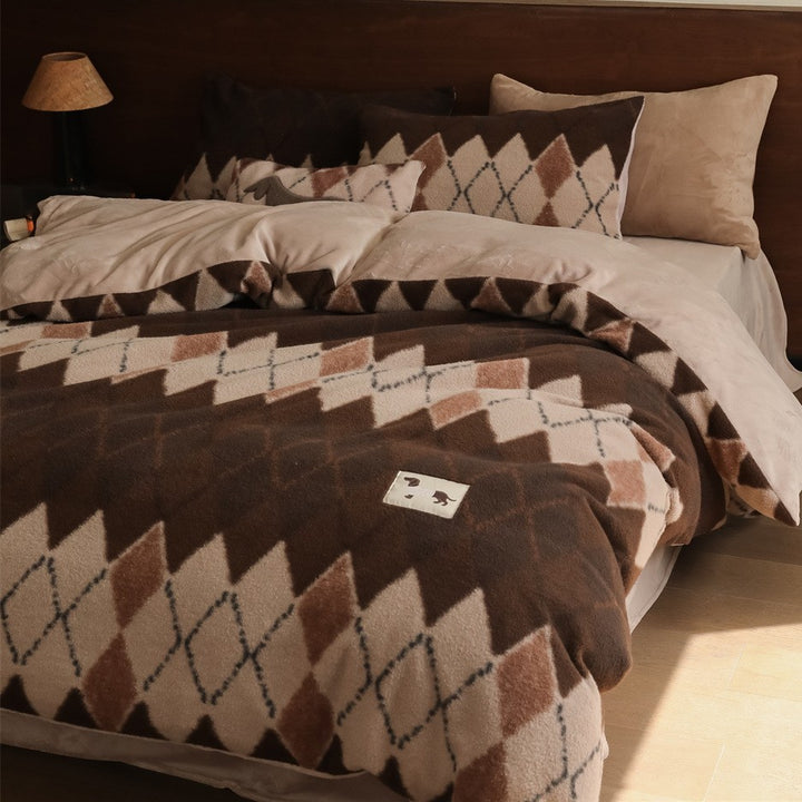 Luxuriöser Plüsch Argyle Fleece Bettbezug Set mit umkehrbarem Mikrofaser Rücken
