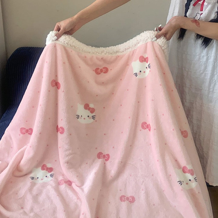 Wendbare Kuscheldecke mit Sherpa-Fleece, niedlichen Hunde-Illustrationen und kariertem Muster
