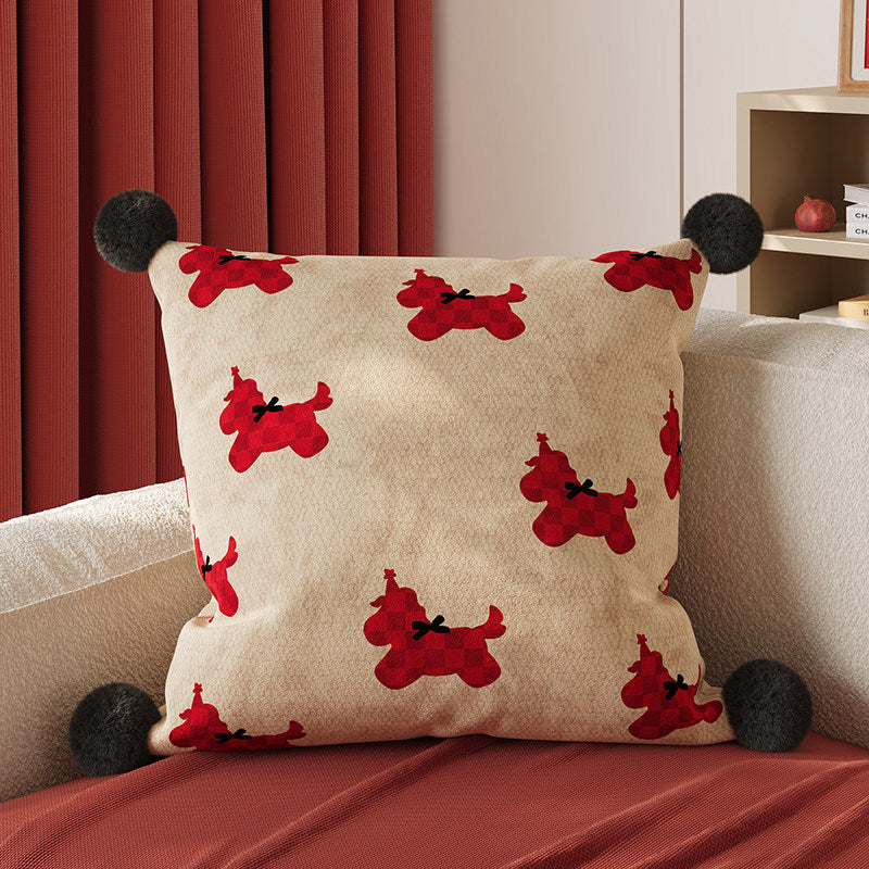 Decorative Square Pom-Pom Throw Pillow Cover with Jacquard Floral Motif