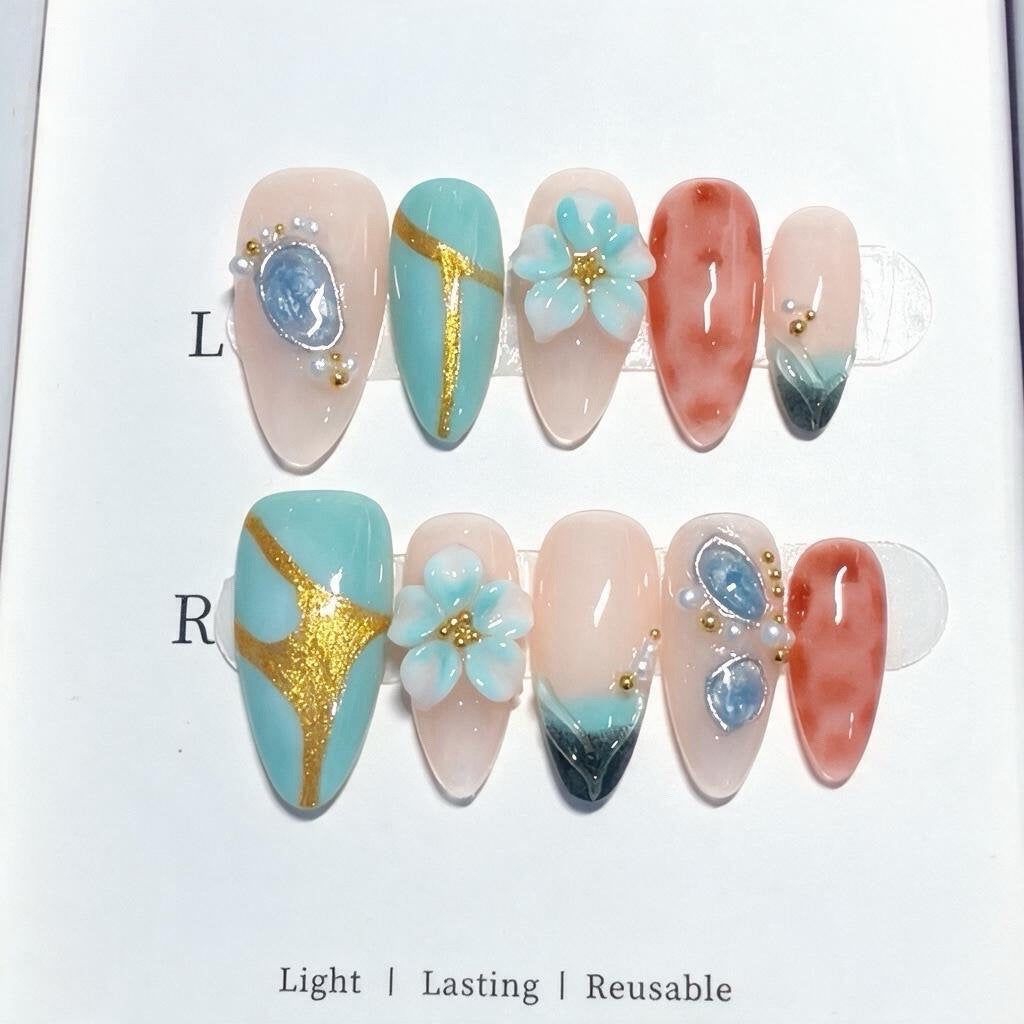 Dekoratives Floral 3D Press-On Nagelkunst Set