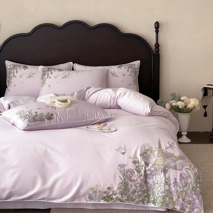 Luxuriöser Satin bestickter Bettbezug Set mit floralem Pariser Motiv