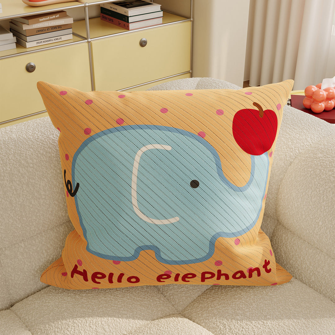 Decorative Throw Pillow with Playful Cloud Elephant Illustration and Textured Knit Cover
