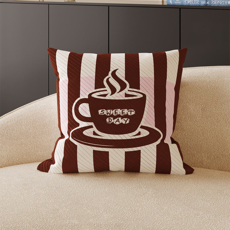 Decorative Square Throw Pillow Cover with Coffee Mug Graphic and Striped Jacquard Texture