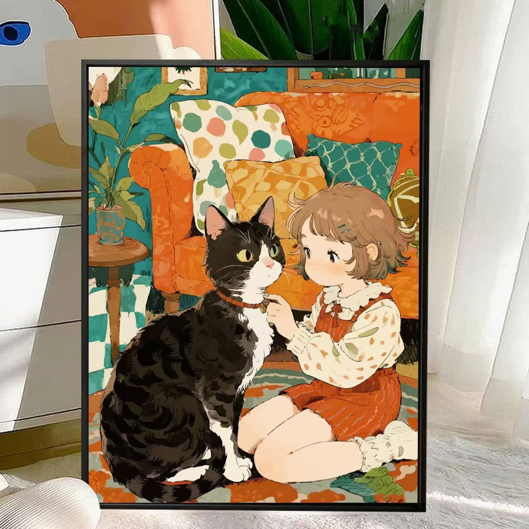 Niedliche Katzen- und Kind-Illustration Wandkunst Karnz