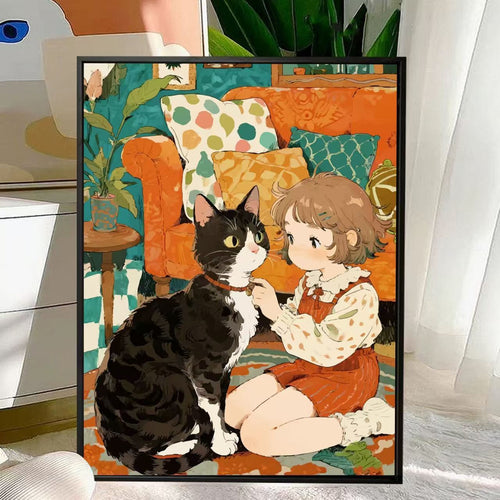 Niedliche Katzen- und Kind-Illustration Wandkunst Karnz