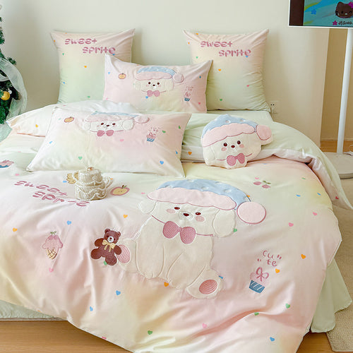 Plüsch Bestickte Baumwollsatin Cartoon Schaf Bettwäsche Set mit Dekokissen und Kissenbezügen