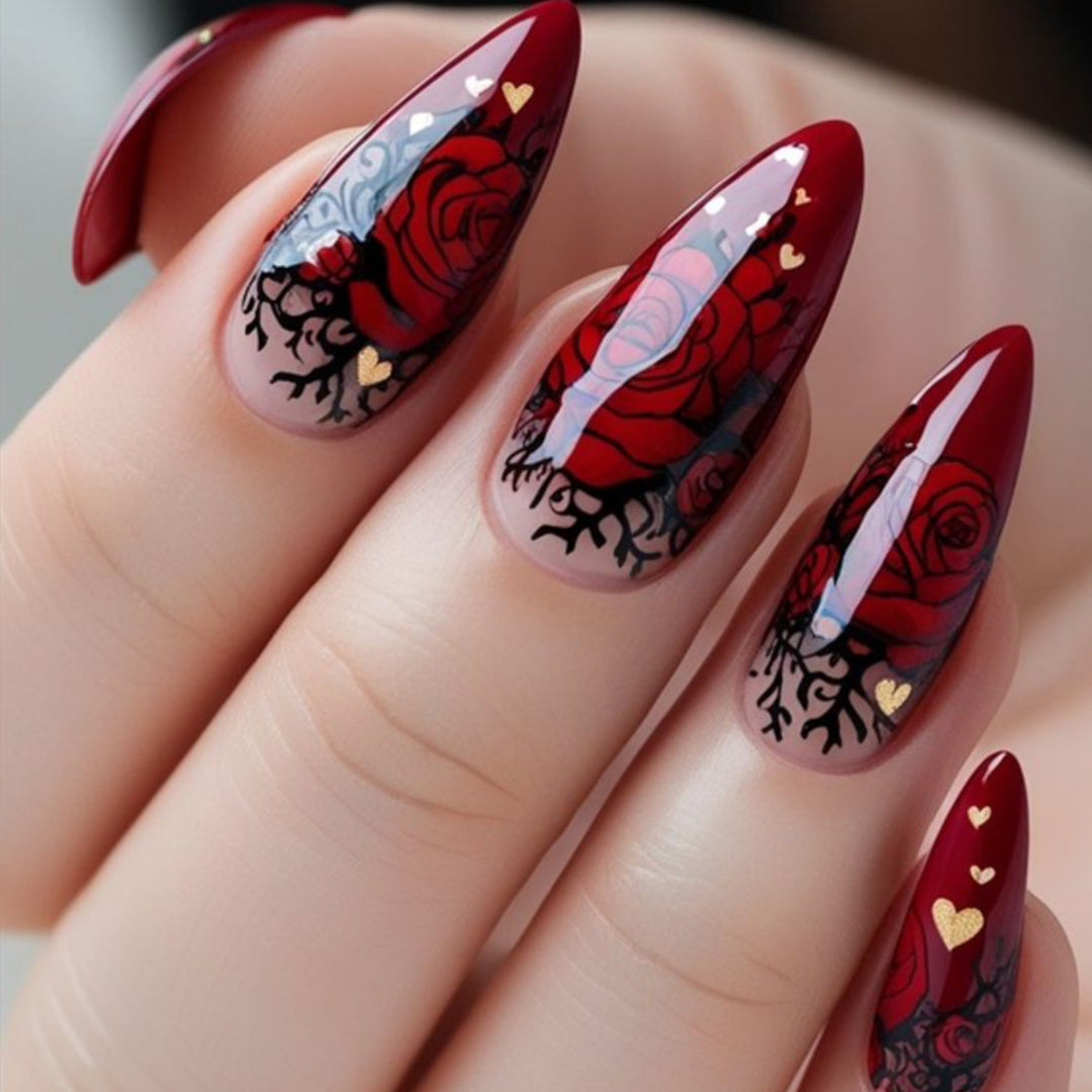 Gothic Rose-Design Stiletto-Nägel Kunstverlängerungen Karnz