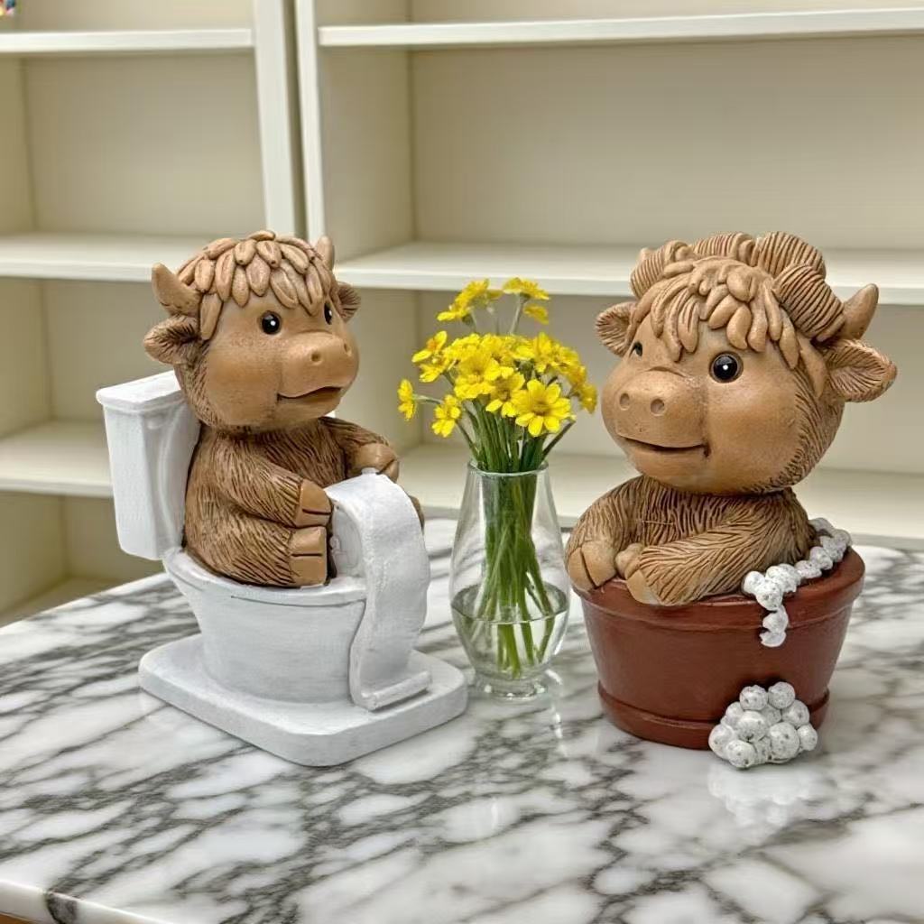 Lustige Dekofigur eines Hochlandrinds auf Toilette Karnz