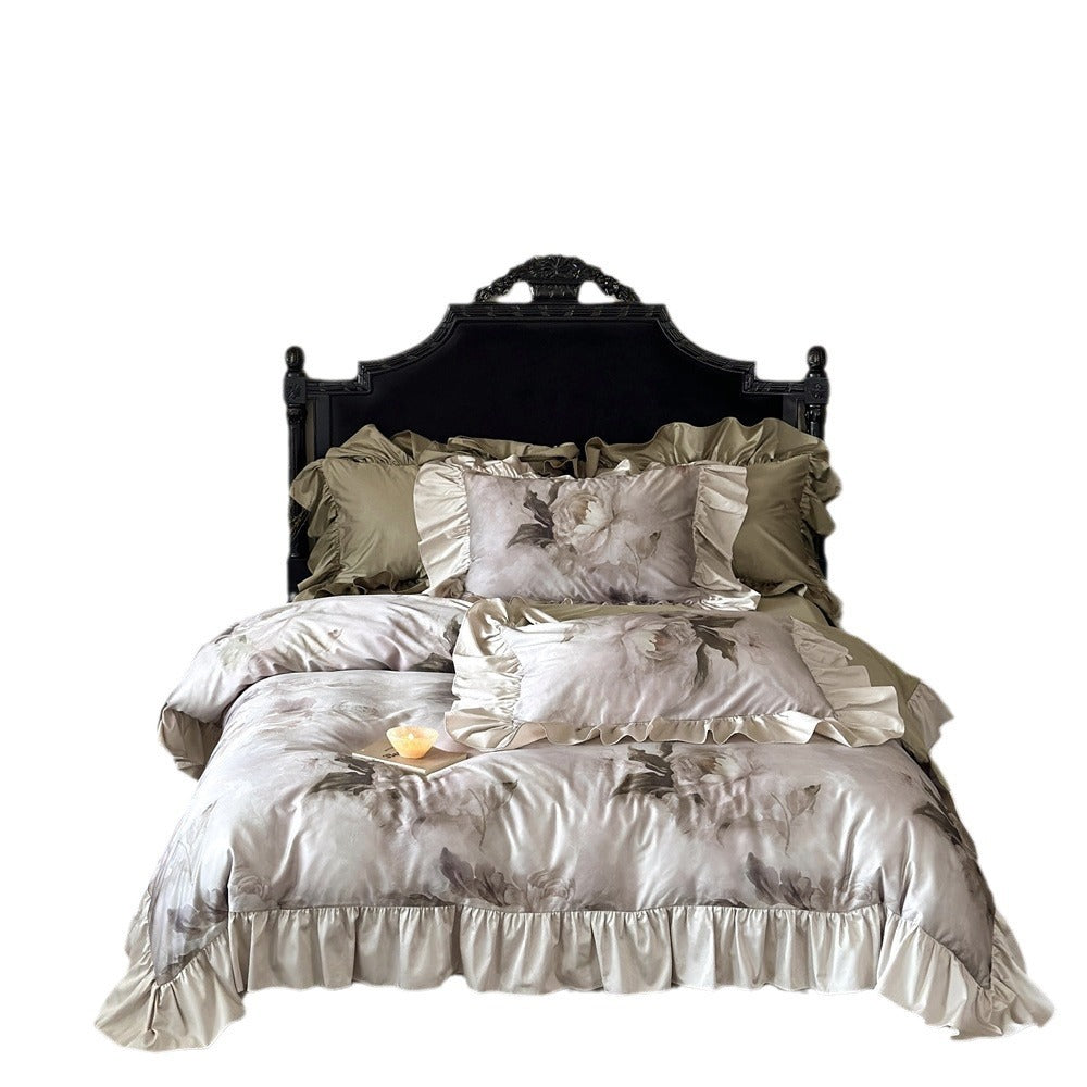 Luxuriöses Satin-Bettwäsche-Set mit Rüschen und Aquarell-Blumen