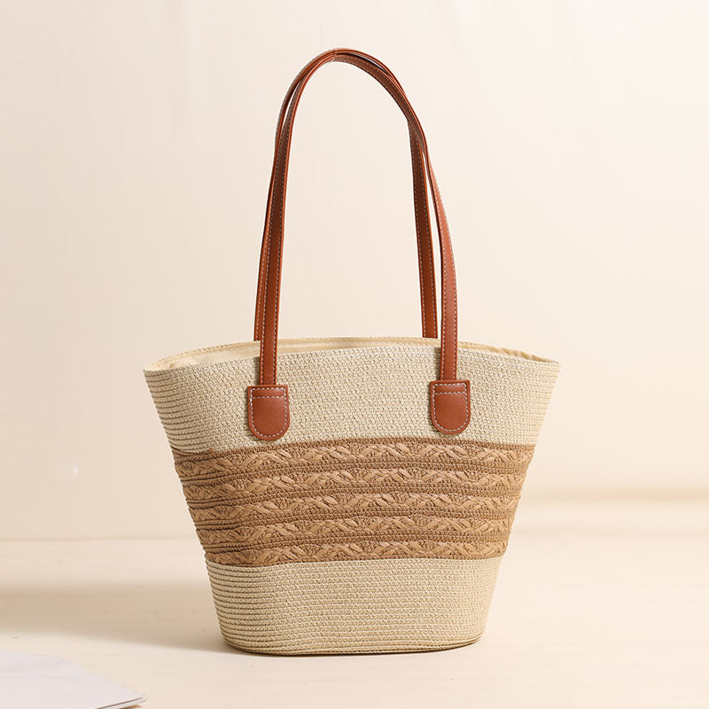 Damen Strandtasche aus hochwertigem geflochtenem Naturmaterial mit stilvollen Lederakzenten Karnz