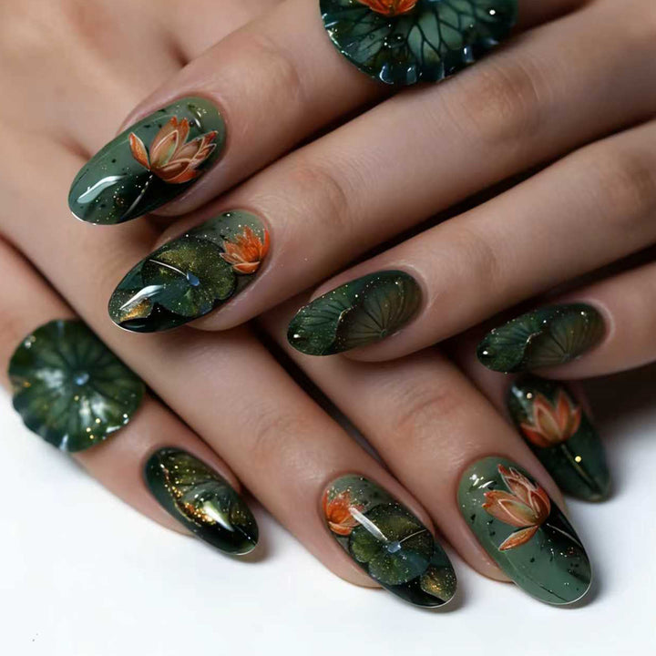 Künstliche Kunstnägel mit Elegantem Wasserlilien-Design Karnz