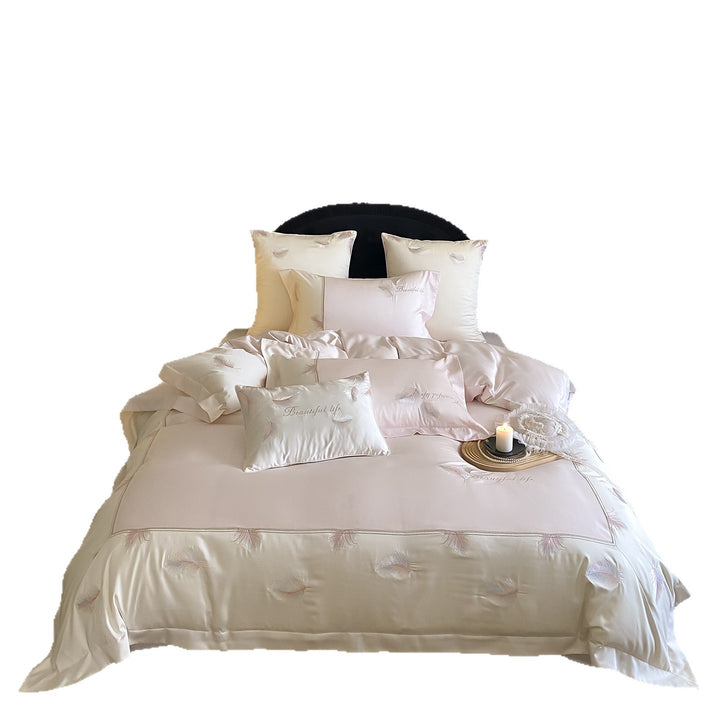 Seidiger bestickter Feder-Motiv Bettbezug Set mit Satin Kissenbezügen & Euro Kissenbezügen