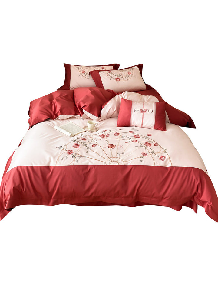 Luxuriöses gesticktes Bettwäsche-Set aus Baumwollsatin mit Rosenmotiv