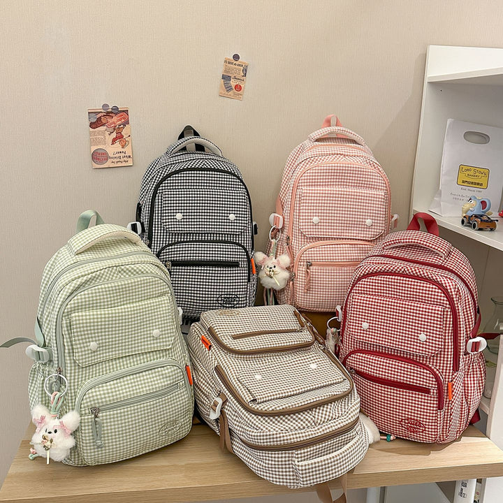 Gingham Print Mehrfach-Taschen Rucksack Karnz