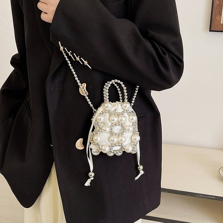 Dekorative perlenbesetzte Mini-Zugbeutel-Handtasche