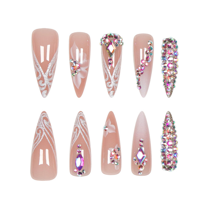 Dekorative Stiletto Press-On Nägel mit floralem und Strassdesign Karnz