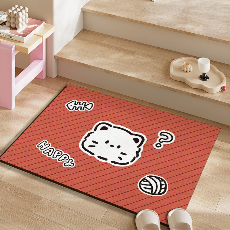 Plush Absorbent Non-Slip Bathroom Door Mat with Cartoon Stretching Cat and Paw Print