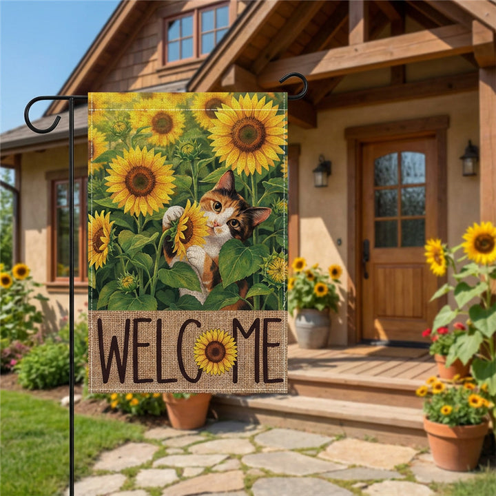 Dekorative Jute-Textur Gartenflagge mit Sonnenblume Katze Willkommen Design