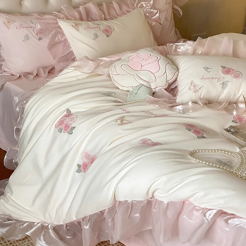 Rüschen Satinbesatz Bestickte Rose Bettbezug Ensemble