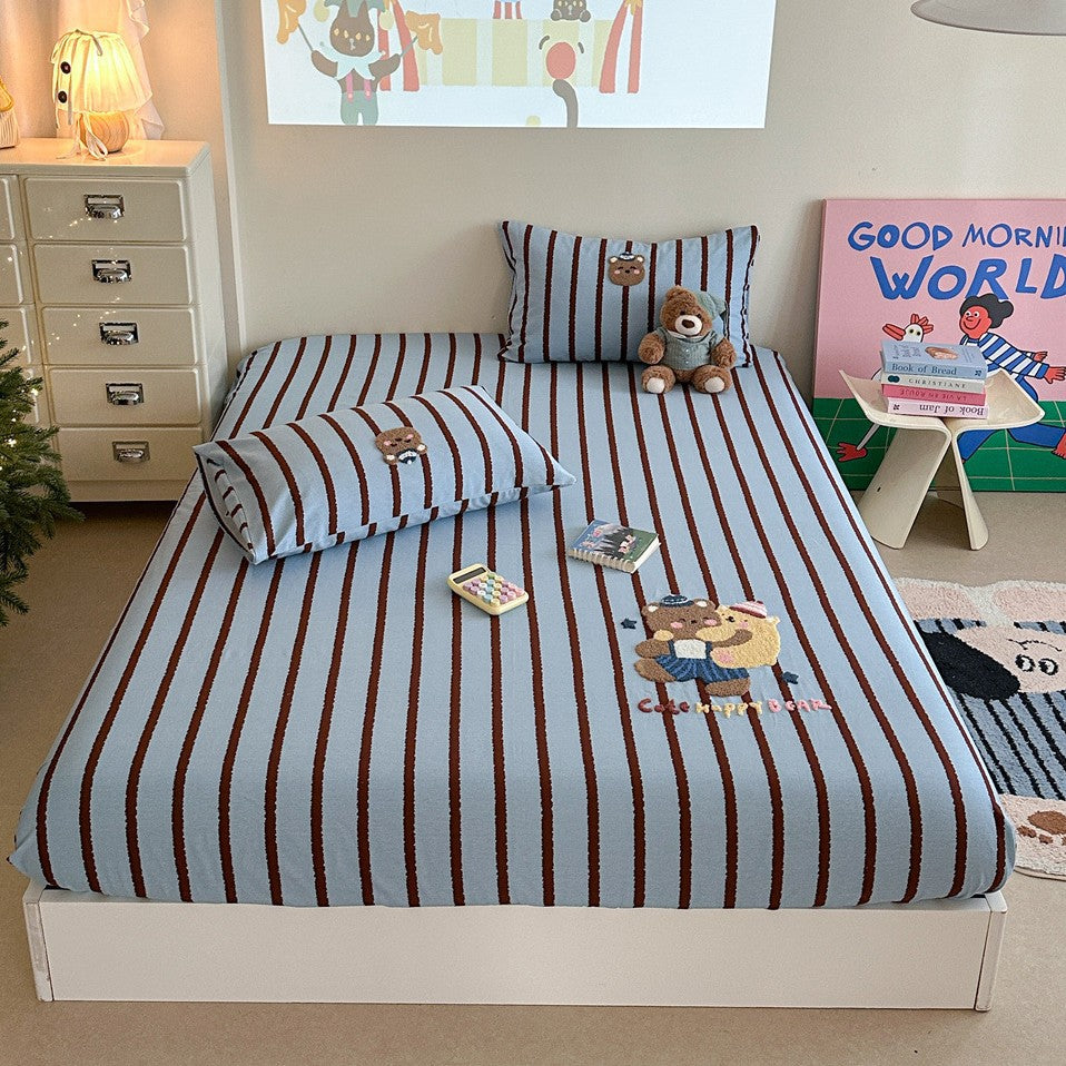 Gingham-Check-Baumwoll-Spannbettlaken und Kissenbezug Bettwaren-Set mit gesticktem Teddy