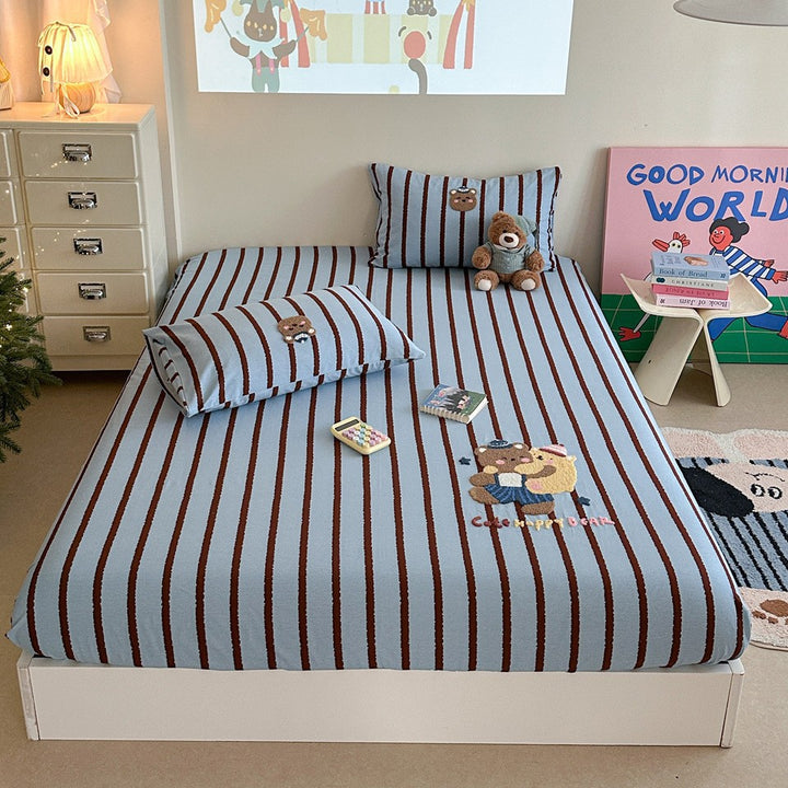 Gingham-Check-Baumwoll-Spannbettlaken und Kissenbezug Bettwaren-Set mit gesticktem Teddy