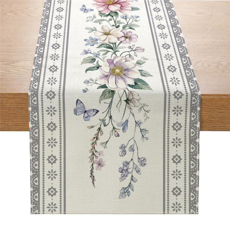 Dekorativer Leinenmischstoff-Tischläufer mit Aquarellblumen-Cascade und geometrischer Bordüre