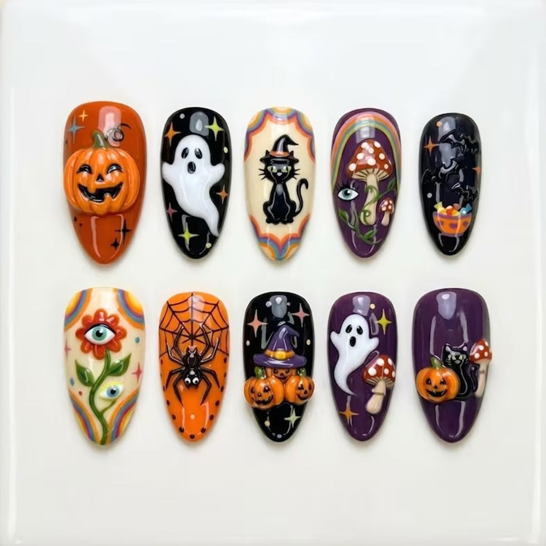 Festliches Kunstnagelset mit gruseligen Halloween-Motiven Karnz