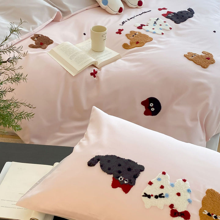 Bestickte Baumwollsatin Bettbezugset mit Katzenapplikationskissenbezügen