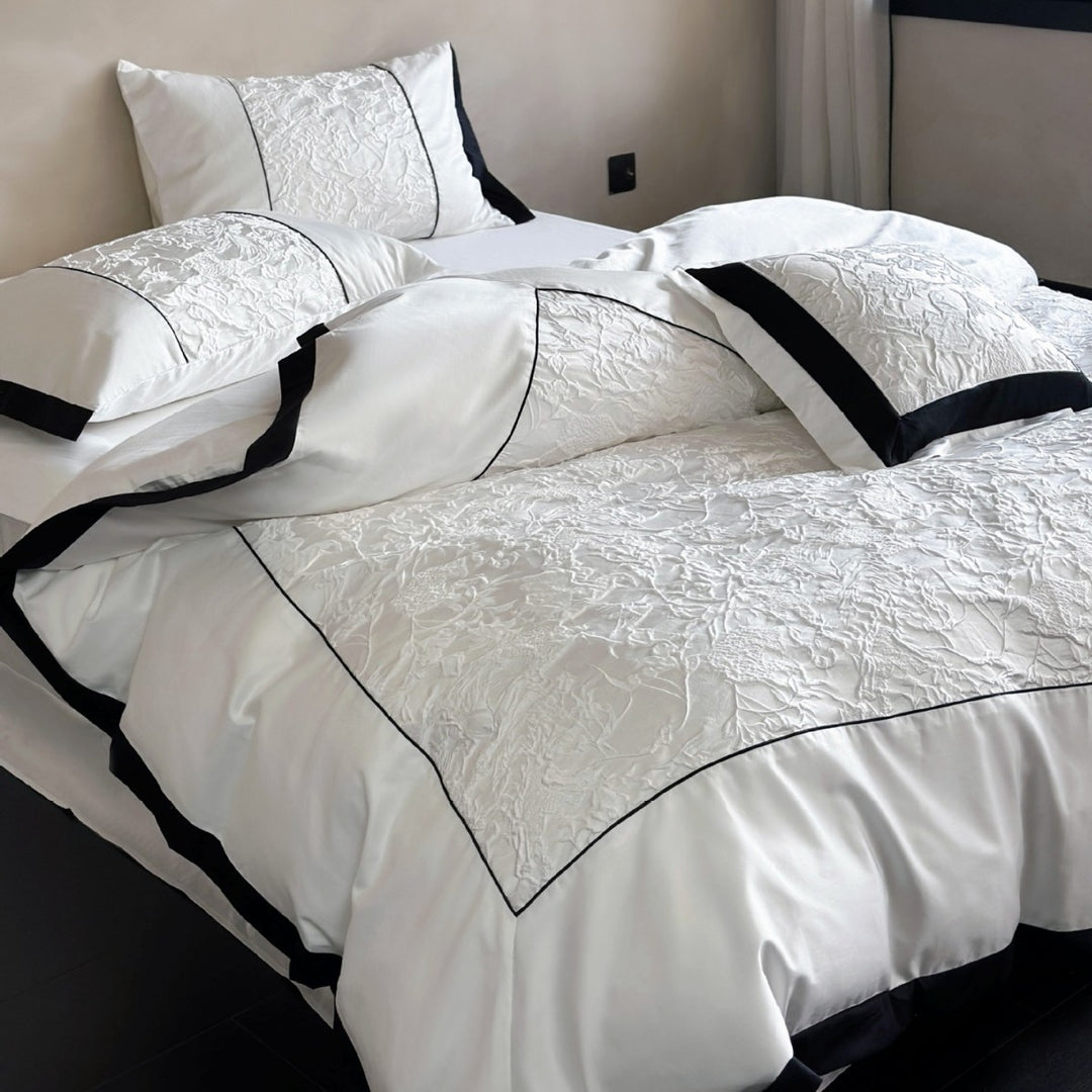 Cotton Sateen Textured-Panel Duvet Cover Set with Piped Border & Accent Cushion