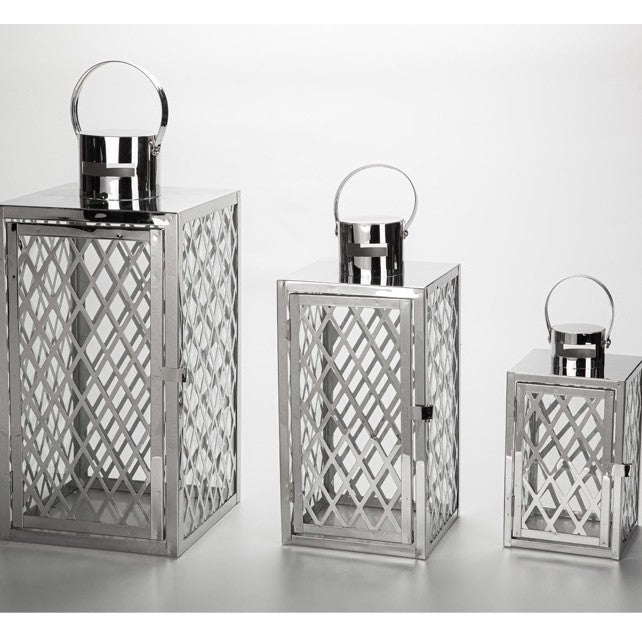 Moderne polierte Gitter-Metalllaterne-Kollektion mit Scharniertür und oberem Schlaufengriff Karnz
