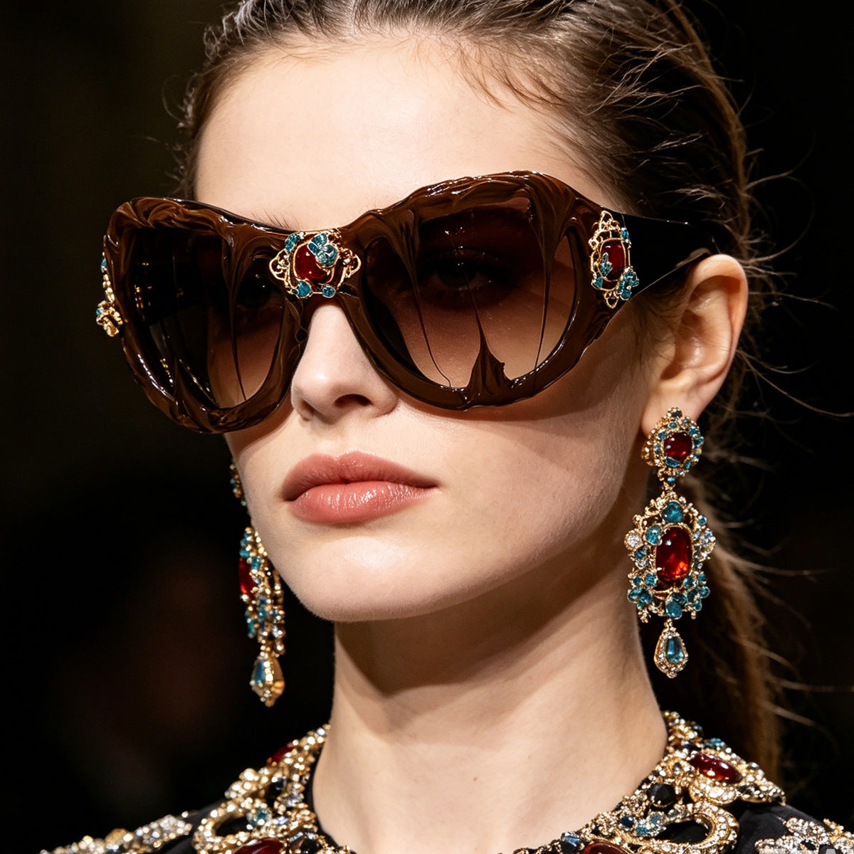 Damen extravagante Sonnenbrille mit floralen Kristallverzierungen Karnz
