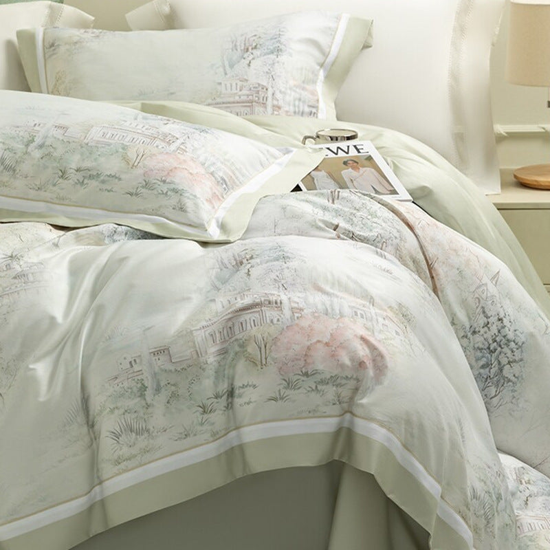 Pastellblumen Baumwollsatin Bedrucktes Bettbezug-Set mit Satinbesatz Bettrock