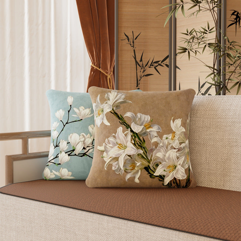 Square Plush Magnolia Botanical Velvet Pillow Cover with Concealed Zipper and Microfiber Backing