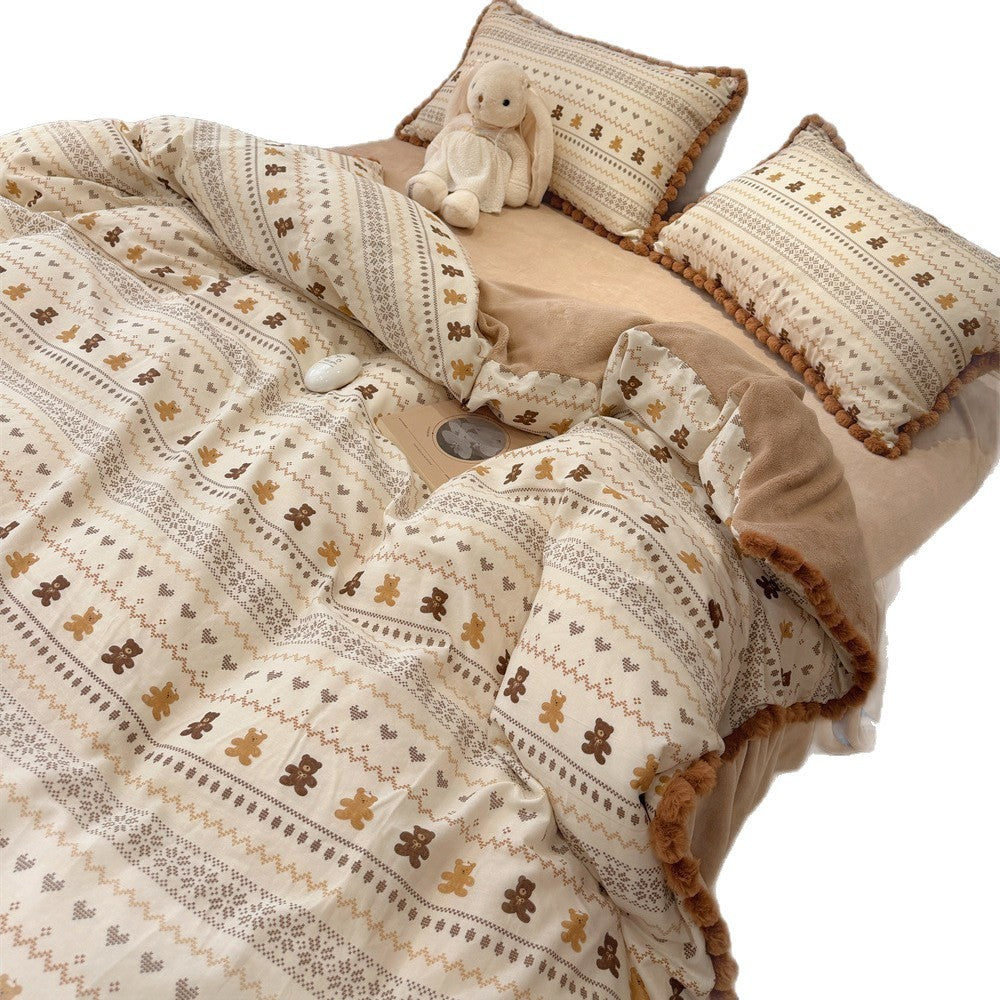 Plush Pom-Pom Trim Quilted Teddy-Motif Down-Alternative Comforter Set with Matching Pillow Shams