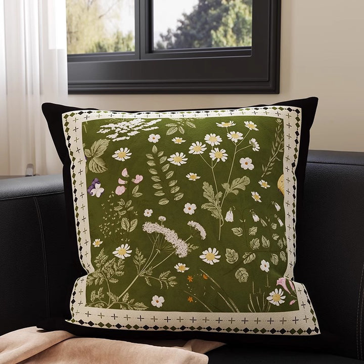 Square Velvet Accent Pillow Cover with Vintage Botanical Tapestry Print and Contrast Border