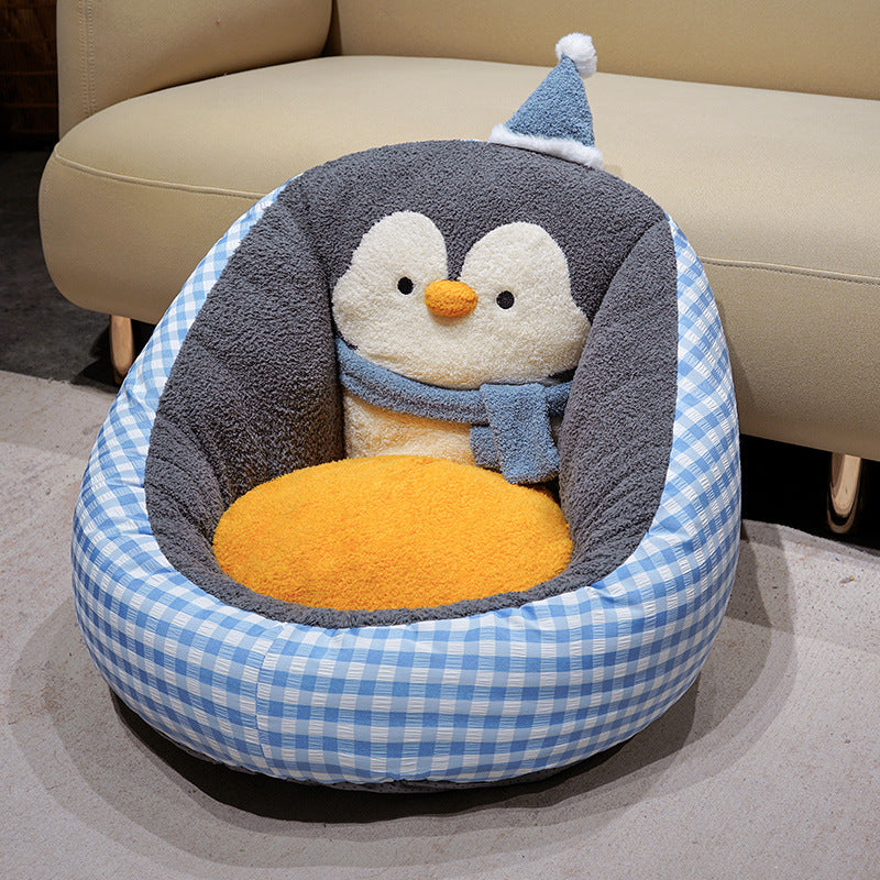 Gemütliches Haustierbett mit Plüsch-Pinguin-Rückenstütze und ergonomischem Kuschelkissen
