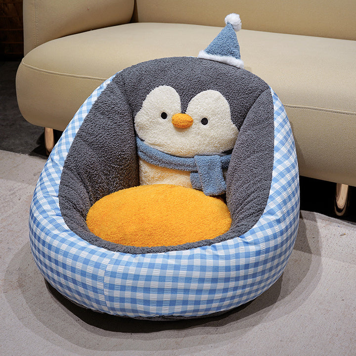 Gemütliches Haustierbett mit Plüsch-Pinguin-Rückenstütze und ergonomischem Kuschelkissen