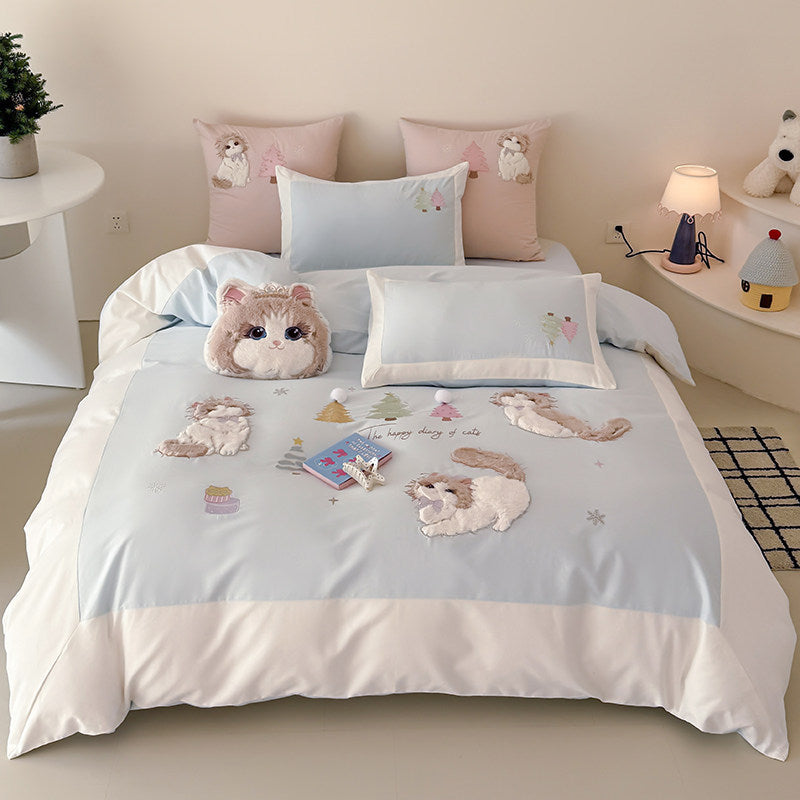 Plüsch-Applikation Katze Bettbezug Set mit dekorativen Kissenbezügen und plüschigem Wurfkissen