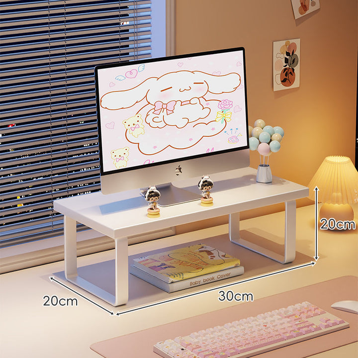 Kompakte Holz-Desktop-Monitorerhöhung mit Metallbeinen und unterer Ablagefläche