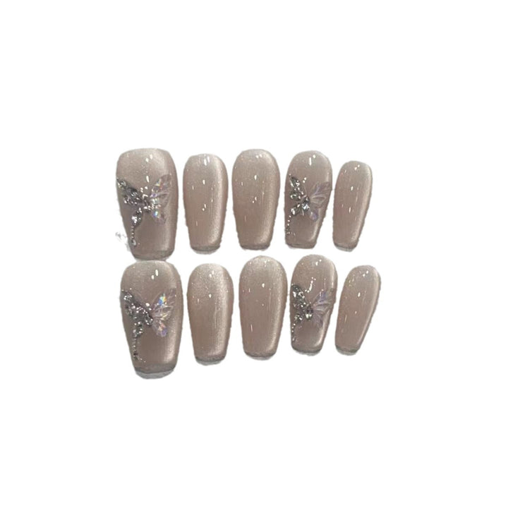Stilvolles Press-On Nagelkunst-Set mit eleganten Schmetterlings- und Juwelenelementen Karnz
