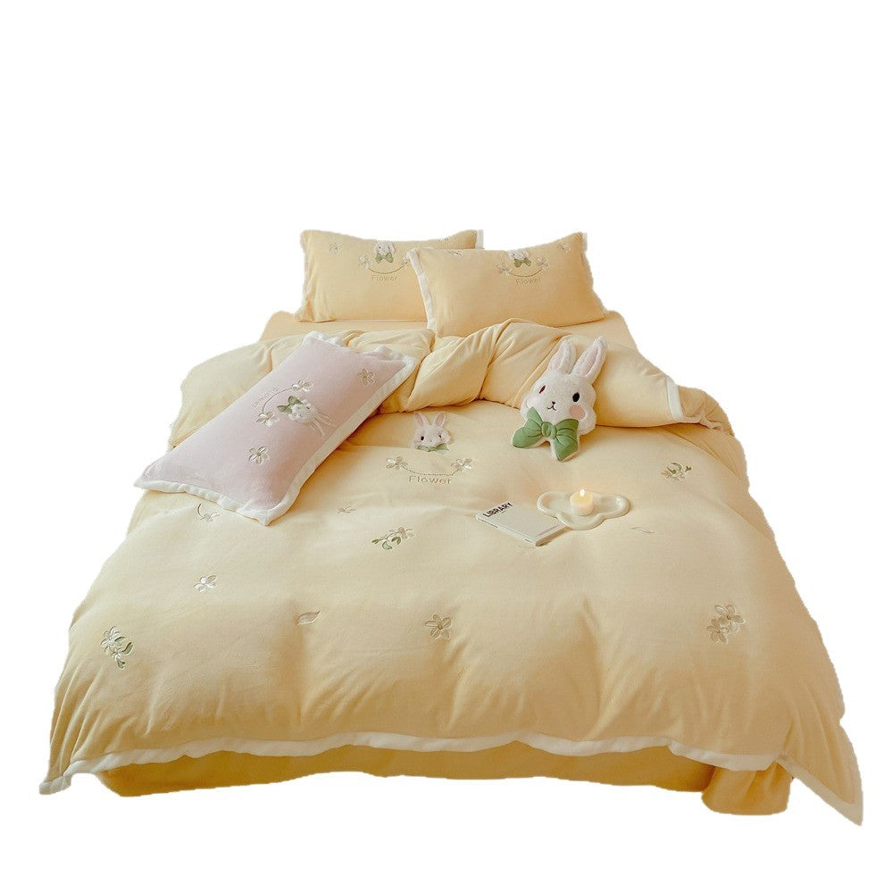 Bestickte Blumen Kaninchen Bettbezug & Kissenbezug Bettwäsche Set