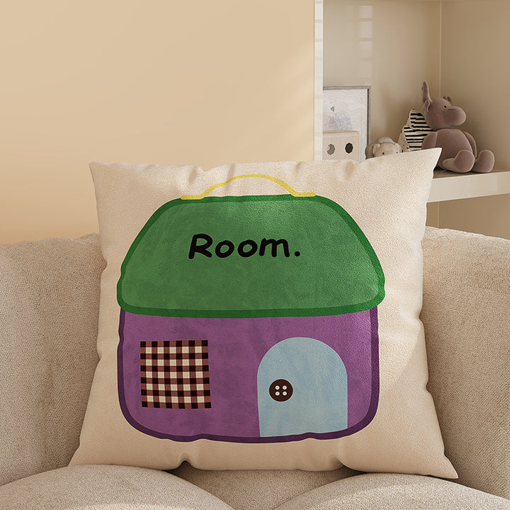 Square Plush Decorative Cushion Pillow with Illustrated House 'Room' Motif