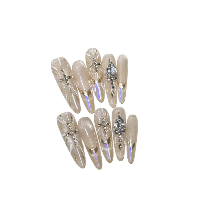 Premium Stiletto Press-On Nagelkunst Set mit Edelsteinakzenten Karnz