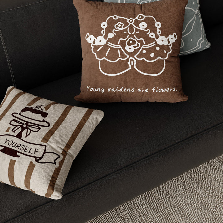 Decorative Plush Square Throw Pillow with Hand-Drawn Floral Maiden Print and Soft Microfiber Cover