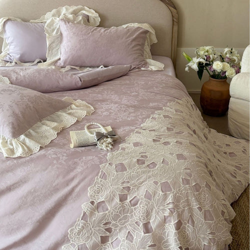 Ausschnitt Floral Bestickte Baumwolle Bettbezug Set mit Ösen Rüsche Kissenbezüge