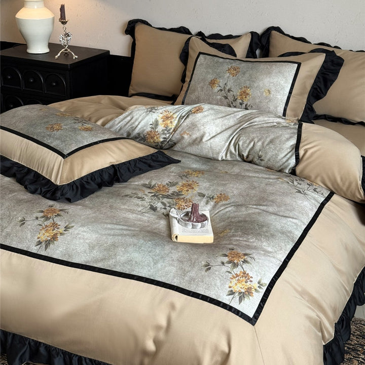 Luxuriöse Rüschen-Satin-Blumen-Bettdeckenbezug-Sets mit Kissenbezügen