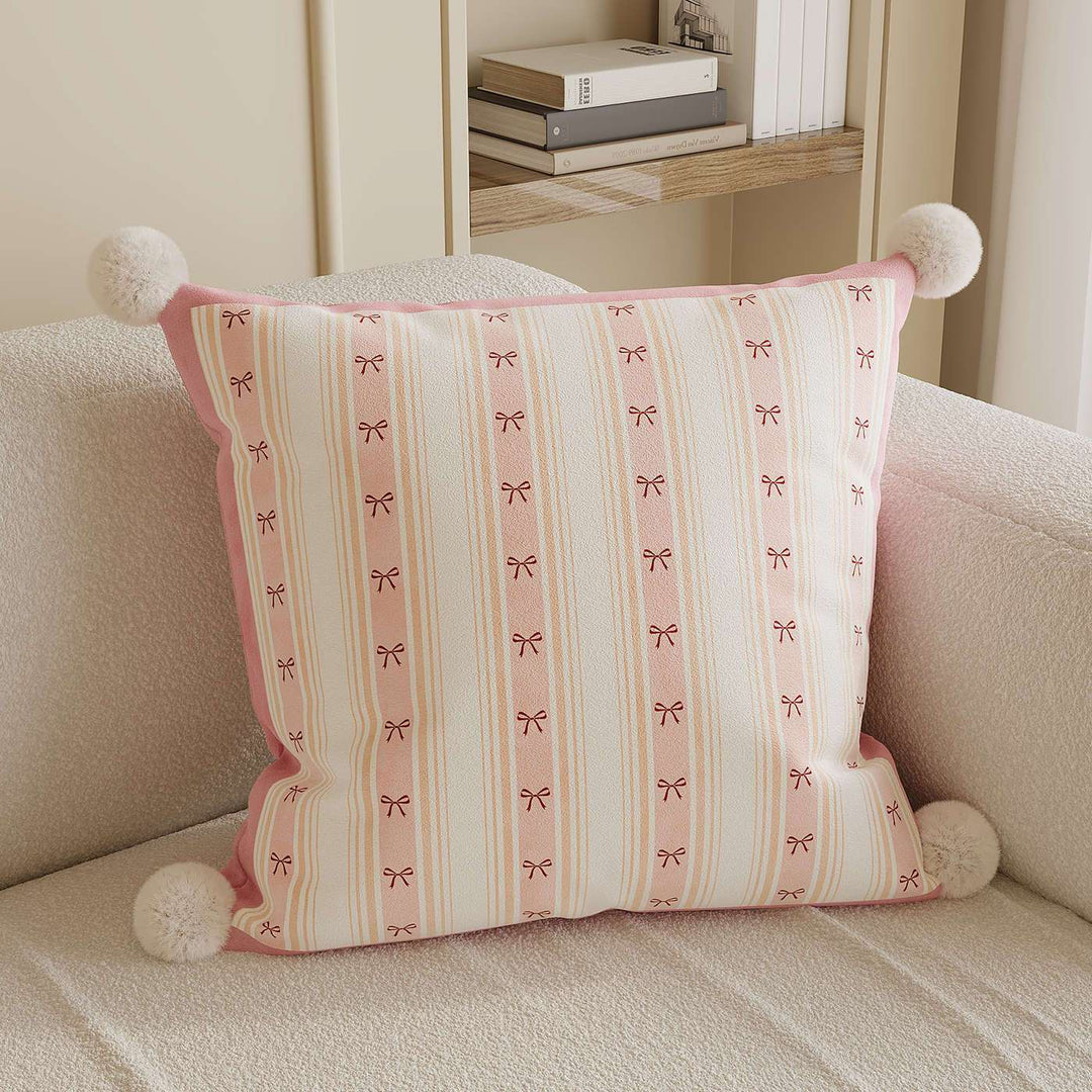 Decorative Throw Pillow with Pom-Pom Corners and Heart Stripe Print