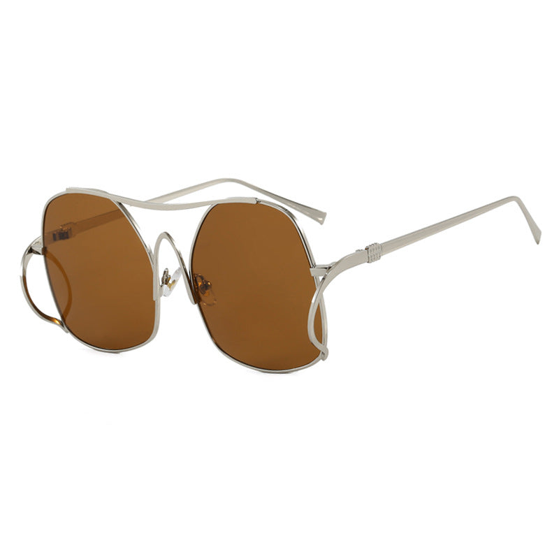 Damen geometrische Sonnenbrille mit schmalem Metallrahmen und braunen Gläsern Karnz