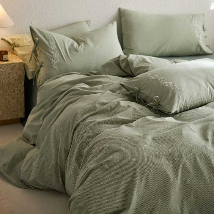 Baumwoll‑Musselin Bettwäscheset mit Bindebändern, soften Musselin‑Struktur und atmungsaktiver Leinenoptik